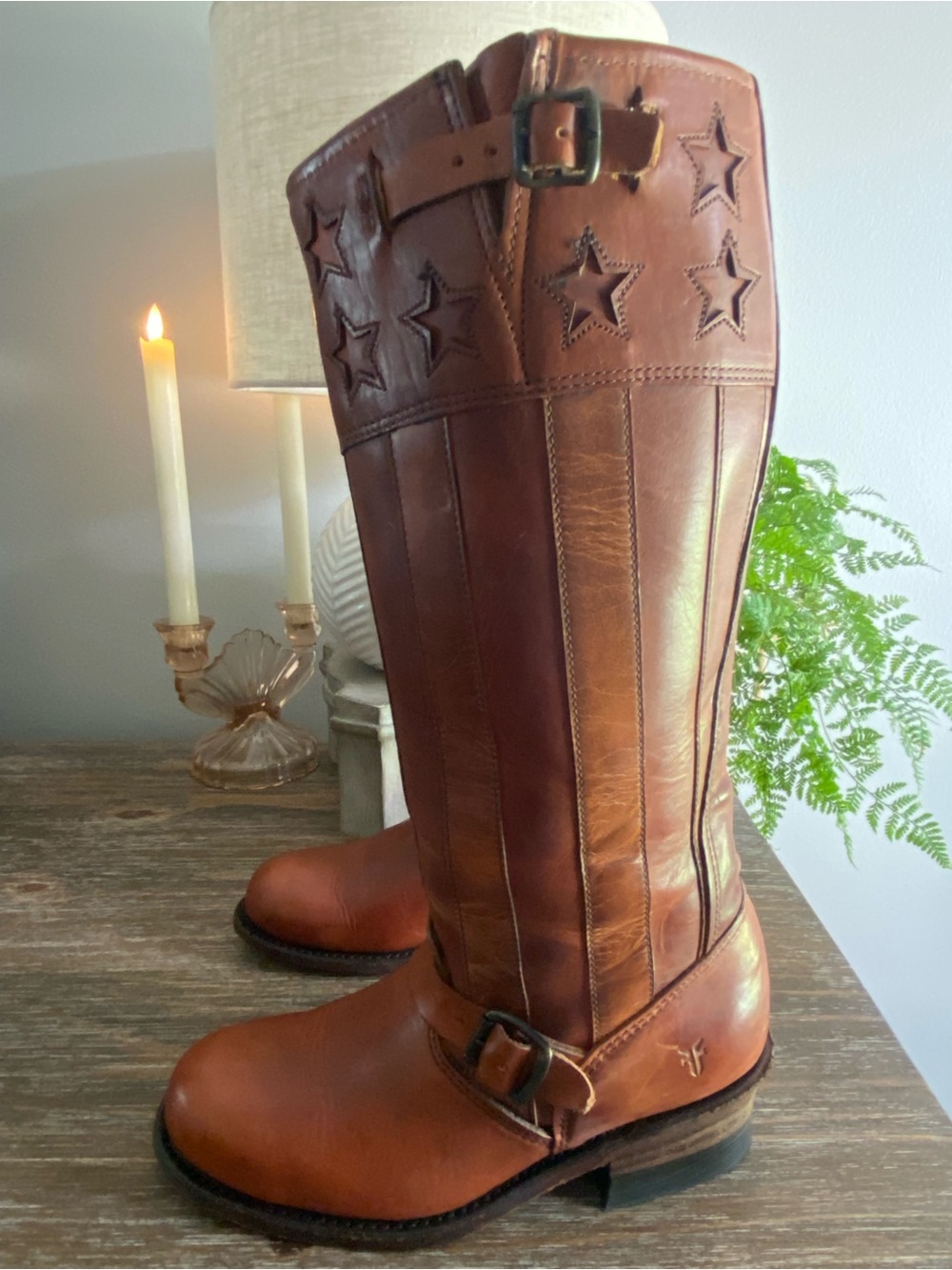 RARE Frye Engineer Americana Ltd Ed Anniversary Leather Tall Boots Women 7.5 Tan - Picture 4 of 16
